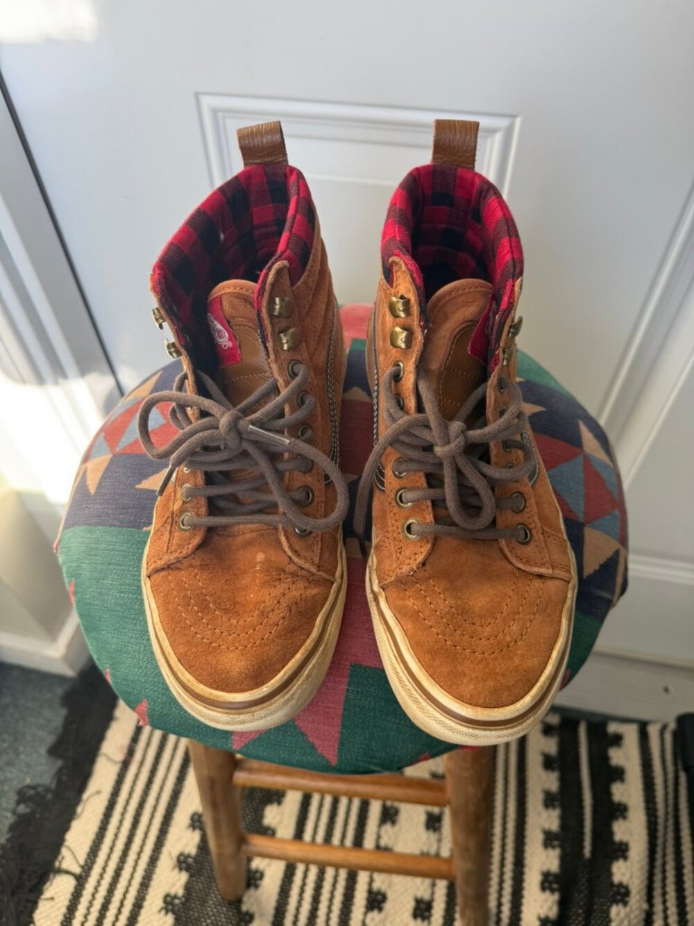 VANS Suede Hi Top SK8 Hi Sneakers Brown Buffalo Check Flannel women's 7